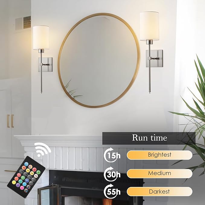 Battery Operated Wall Sconce Set of Two, Wireless Rechargeable Wall Light with Remote Control, Dimmable, 4 Color Temperatures, RGB, Timer, for Living Room,Bedroom,Entryway, Nickel, 20.6 Inch