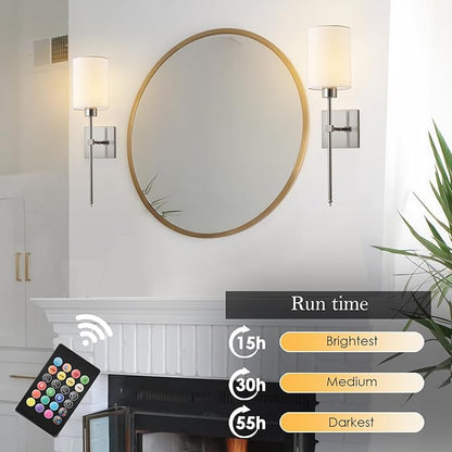 Battery Operated Wall Sconce Set of Two, Wireless Rechargeable Wall Light with Remote Control, Dimmable, 4 Color Temperatures, RGB, Timer, for Living Room,Bedroom,Entryway, Nickel, 20.6 Inch