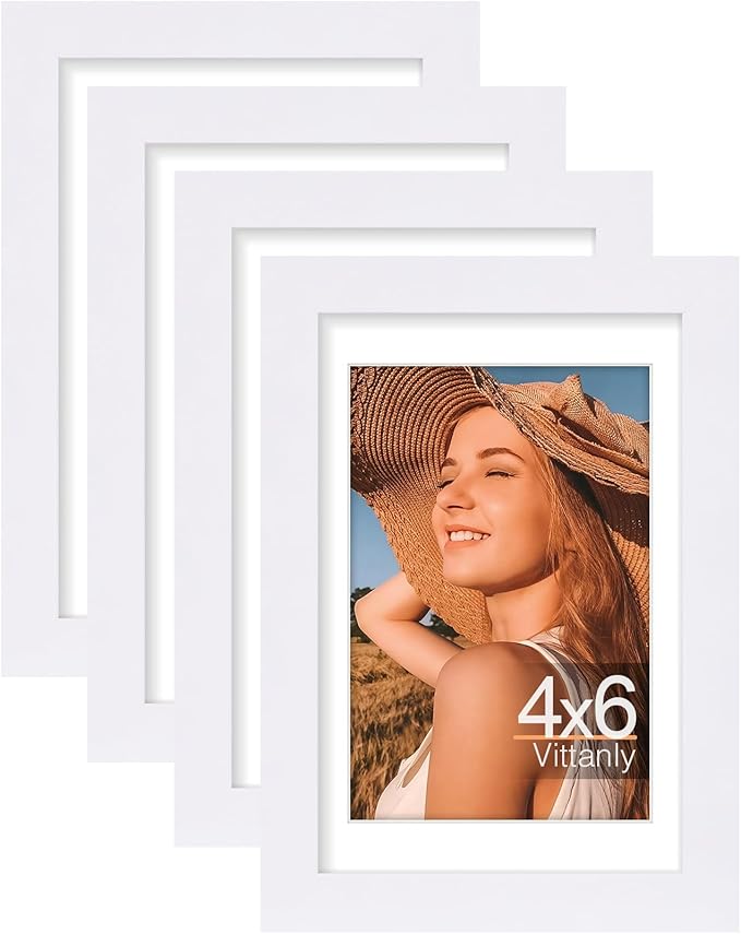 Vittanly 4x6 Picture Frame Set of 4, Display Pictures 3.5x5 with Mat or 4x6 without Mat, Engineered Wood with Shatter Resistant Plexiglass, Small Photo Frames for Wall or Tabletop Display, White
