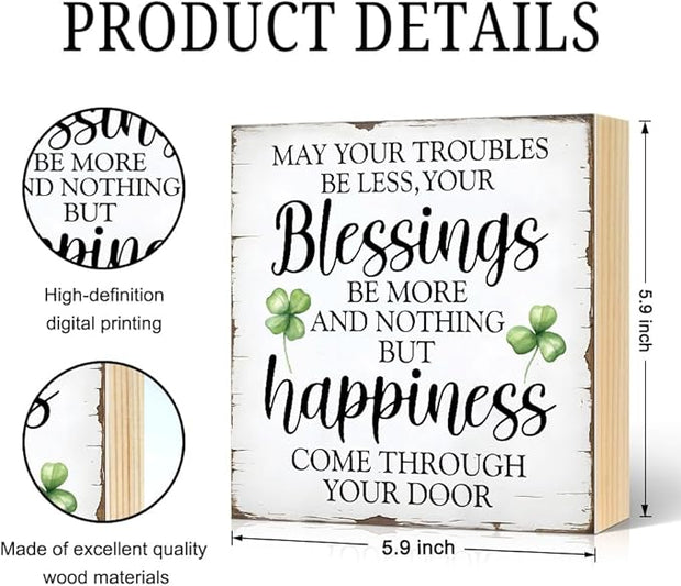 May Your Troubles Be Less And Your Blessings Be More Wood Block Plaque Box Sign for Home Living Room Coffee House Bar Shelf Table Office Decoration, Irish Blessing Decor Gifts for Family