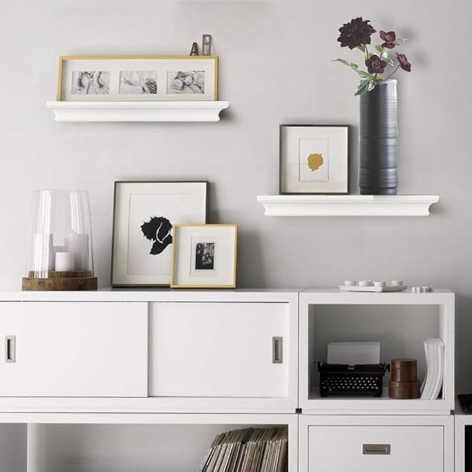 AHDECOR Modern White Floating Shelves, Sleek Wall Mounted Storage Solution for Living Room, Bedroom, Bathroom, and Kitchen Decor, Set of 2