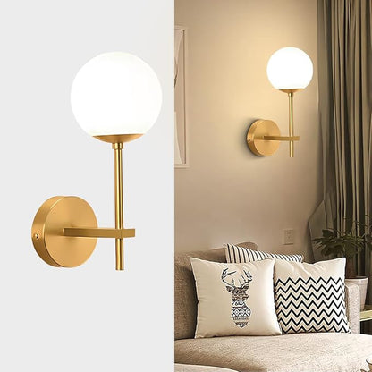 BOKT Brushed Gold Wall Sconce Mid Century Modern 1-Light Globe Round Wall Light Fixture Vintage Bathroom Vanity Wall Sconce Lighting Frosted White Glass Bar Wall Lamp
