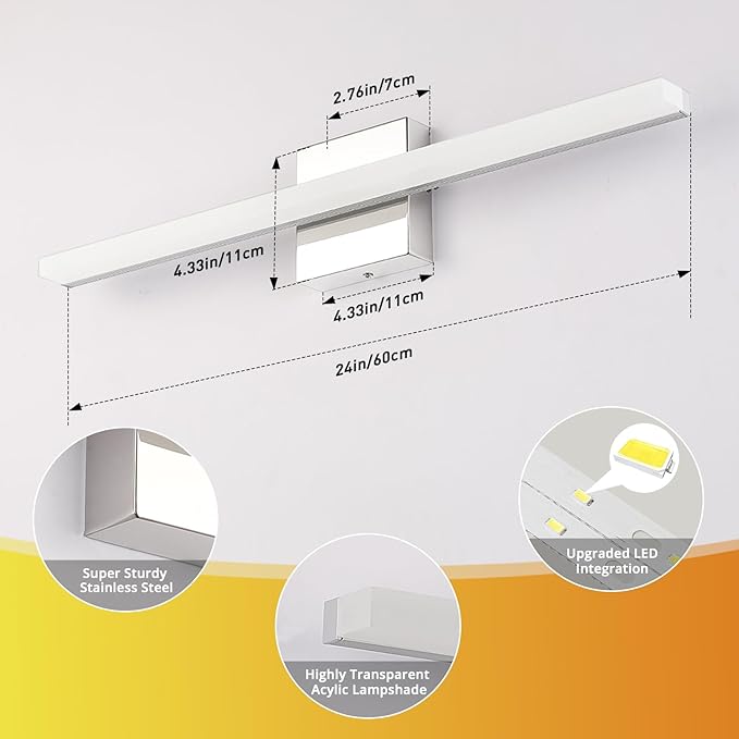 Combuh LED Bathroom Vanity Light Bar 24Inch 14W IP44 Chrome Shining Over Mirror Lighting Fixture Indoor Wall Sconces Modern Bright White 4000K