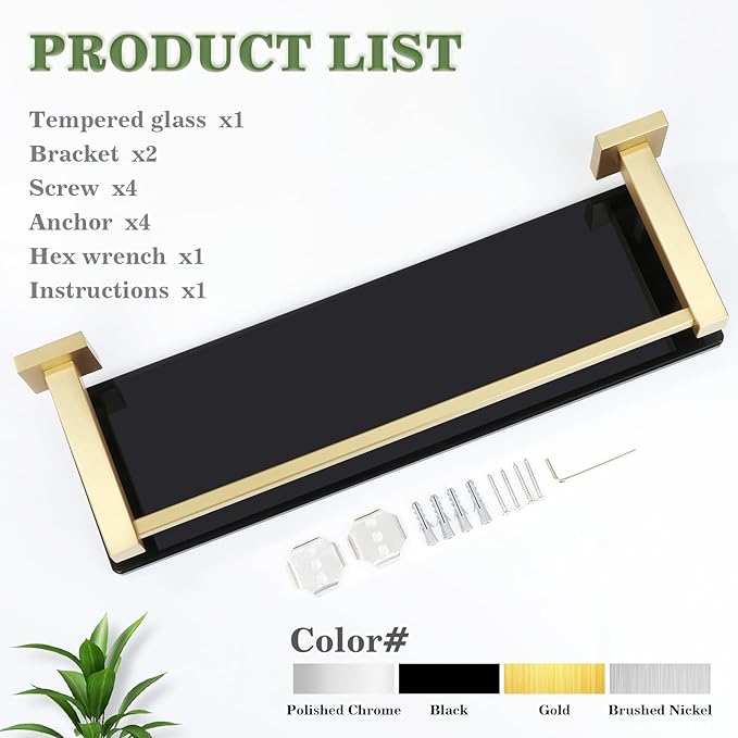 Alise Bathroom Glass Shelf with Stainless Steel Railing, Gold Small Tempered Glass Floating Wall Shelf Over The Toilet, 16 inch
