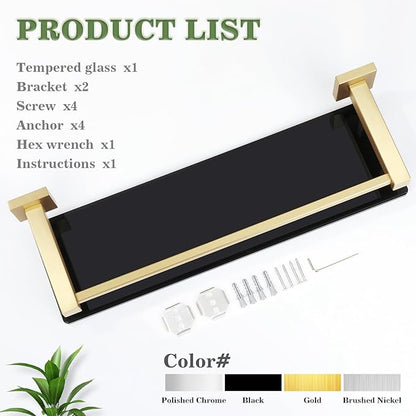Alise Bathroom Glass Shelf with Stainless Steel Railing, Gold Small Tempered Glass Floating Wall Shelf Over The Toilet, 16 inch