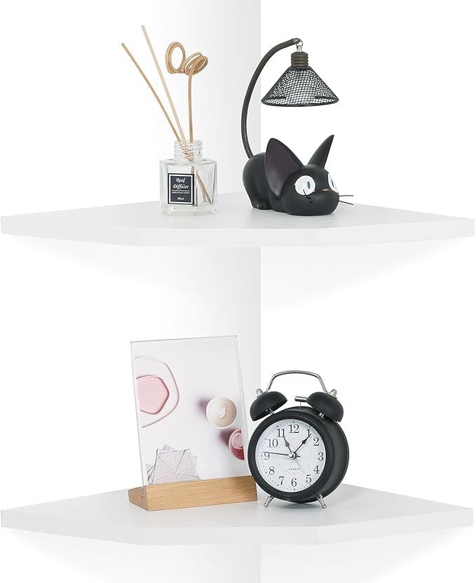 Joiishom Wood Corner Wall Shelves Set of 2, Solid Wood Corner Floating Shelves, Round End Wall Mounted Floating Corner Shelf for Bedroom, Living Room and Kitchen (White-10 inch)
