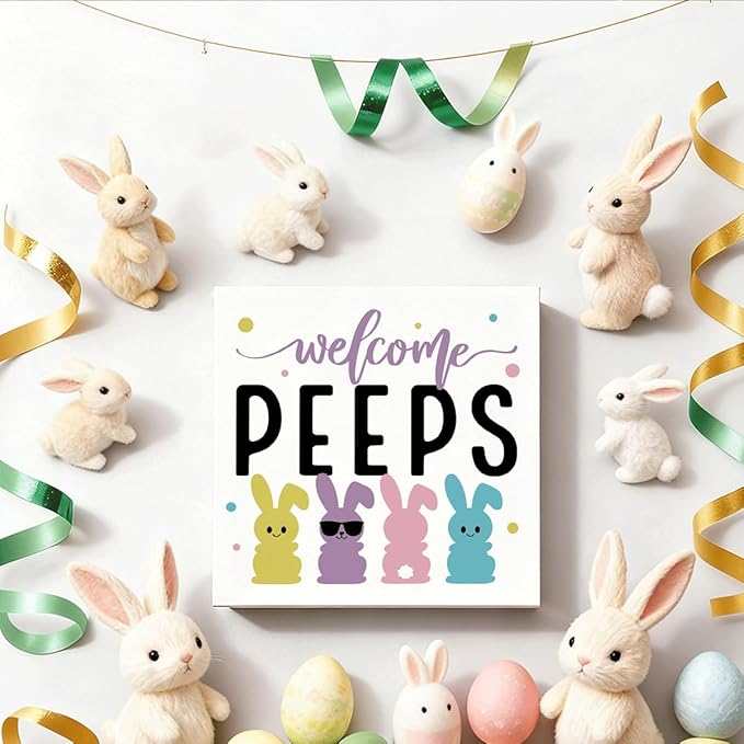 Easter Desk Decorations Every Bunny Welcome Wooden Box Sign, Bunny Rabbit Spring Tabletop Decor, Farmhouse Shelf Plaque for Home Office Living Room Easter Decorations
