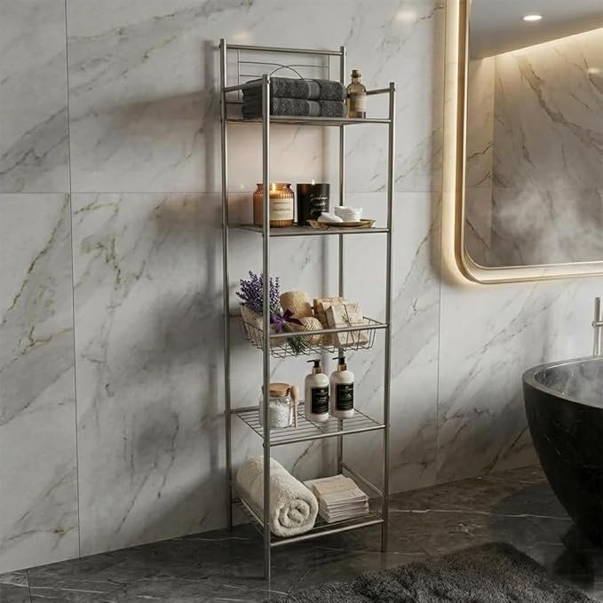 Bath Bliss 5 Tier Storage Shelf | 13"x 11.6"x 58.5" | Freestanding | Bathroom Storage | Rust Resistant | Easy Assemble | Satin