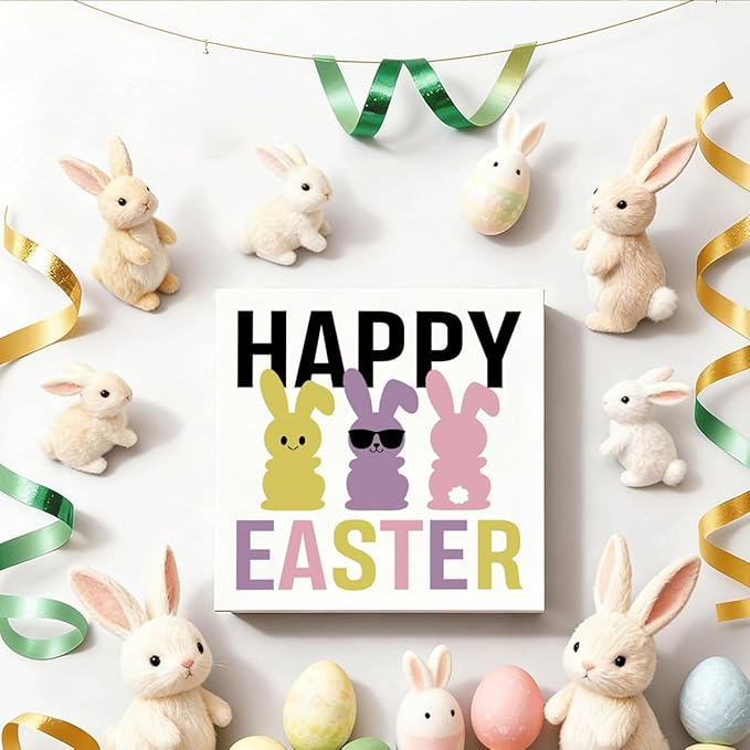 Easter Decorations for Home Happy Easter Bunny Wooden Box Sign, Funny Spring Desk Table Decor, Rustic Farmhouse Shelf Plaque, Easter Porch Party Decorations for Office Entryway Holiday Decor