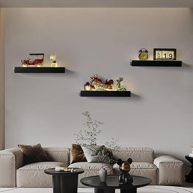 Floating Shelves with Invisible Brackets & Strip Lights, Protective Front Lip, Black Wood Wall Shelves Set of 3, Mounted Bookshelf, Bedroom, Bathroom, Living Room, Kitchen