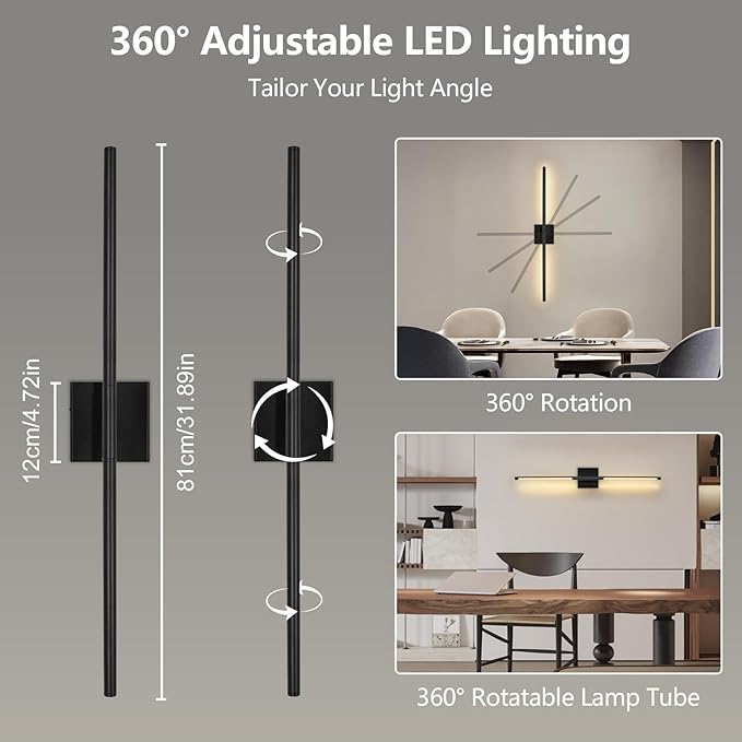 Battery Operated Wall Sconces Set of Two - Wireless Rechargeable Wall Light with Remote - Black LED Wall Lamp Dimmable Modern Home Decor for Bedroom Living Room 31.5 Inch (2 Pack)
