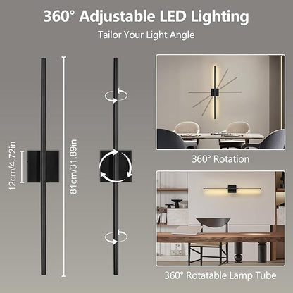 Battery Operated Wall Sconces Set of Two - Wireless Rechargeable Wall Light with Remote - Black LED Wall Lamp Dimmable Modern Home Decor for Bedroom Living Room 31.5 Inch (2 Pack)