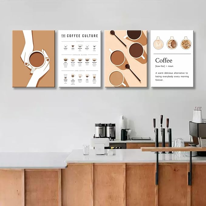 NCYEL 4pcs Modern Minimalist Coffee Wall Art Kitchen Coffee Shop Pictures Simple Home Decor Aesthetic Posters Neutral Brown and Beige Bar Decor 12x16 Inch
