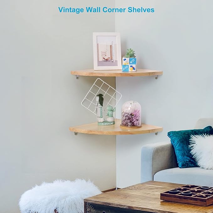 10 inch Corner Shelf, Solid Wood Corner Floating Shelves for Wall, Round End Wall Mounted Floating Shelf for Bedroom, Living Room and Kitchen (Burlywood-10 inch)