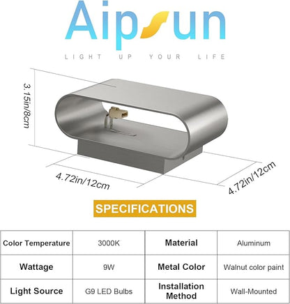 Aipsun Nickel Modern LED Wall Sconces Set of 2 Indoor Wall Lights Hardwired Up and Down Wall Mount Light for Living Room Bedroom Hallway Corridor Conservatory Warm White 3000K(with G9 Bulbs)