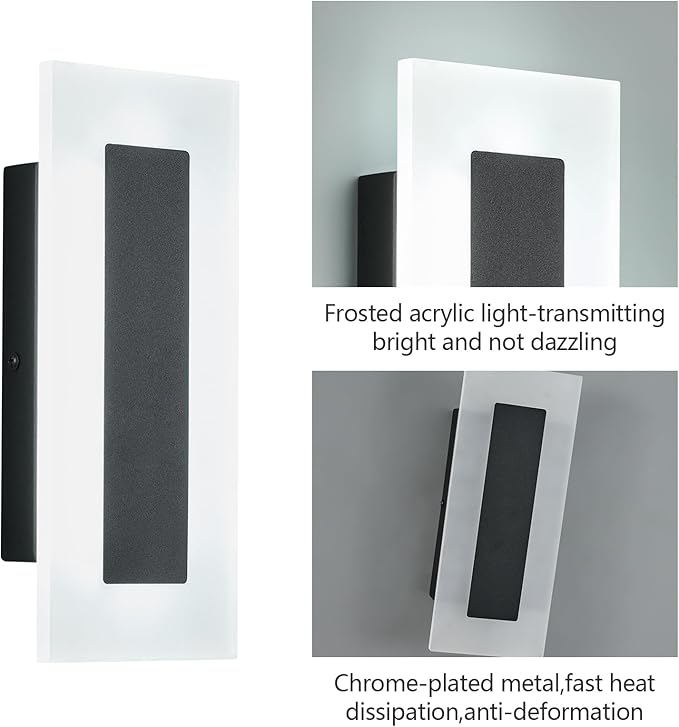 LMQNINE Modern Dimmable LED Wall Sconces Set of Two with 10%-100% Brightness Wall Light 9W 6000K Acrylic Black Wall Sconces Wall Lighting for Bedroom Living Room Hallway Staircase Corridor