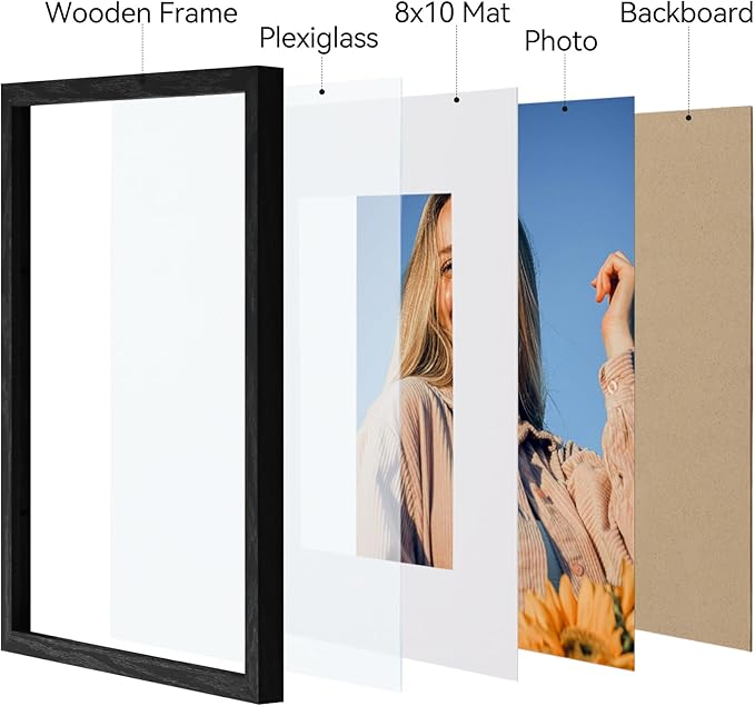 Vittanly 11x14 Picture Frame Set of 4, Display Pictures 8x10 with Mat or 11x14 without Mat, Engineered Wood with Shatter Resistant Plexiglass, Wall Gallery Photo Frames for Wall or Tabletop, Black