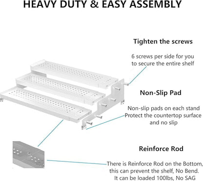 Expandable Spice Rack organizer with 3-Tier step shelf,Modern Design heavy duty,Non Skid and Visibility,Great for Kitchen Cabinet,Bathroom,dressing table,Cupboard, Pantry and more(1PACK/WHITE)