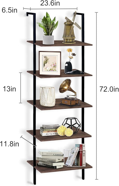 aboxoo Ladder Shelf Open Bookshelf 5-tier Wood Wall-mounted Bookcase Storage Rack Open Back Industrial Modern Plant Flower Stand Utility Organizer Bookcase Metal Frame Furniture Office Kitchen Bedroom
