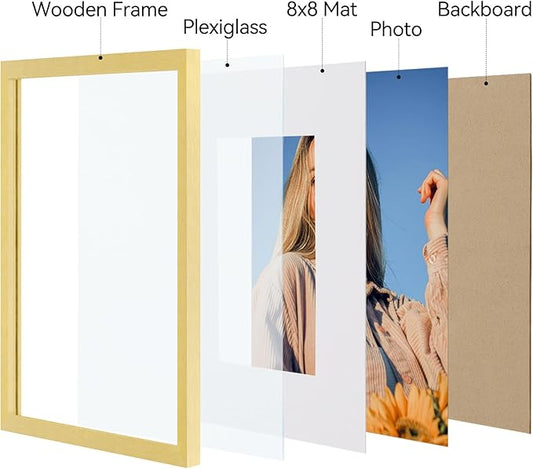Vittanly 12x12 Picture Frames Set of 4, Display Pictures 8x8 with Mat or 12x12 without Mat, Gallery Frame for Wall Display, Engineered Wood with Shatter Resistant Plexiglass, Gold