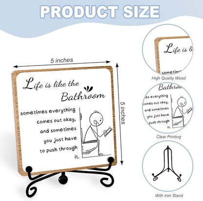 Funny Bathroom Decor, Bathroom Wooden Sign with Stand Decor, Farmhouse Home Toilet Desk Shelf Accessories, Rustic Table Decorations Supplies