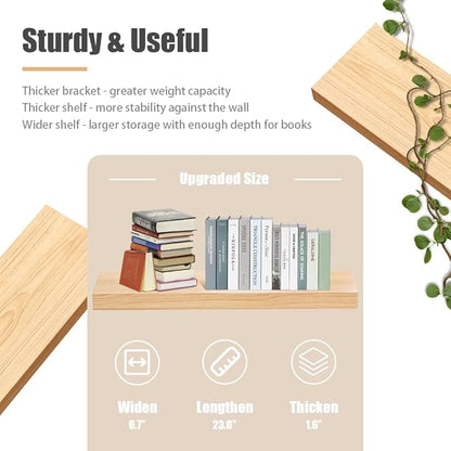 Habudda Floating Shelves, Wooden Wall Shelf for Rustic Decor, Hanging Display Shelving for Bedroom Bathroom Kitchen Living Room, Natural Wood, Invisible Bracket, 23.6"×6.7"×1.6", 2-Pack
