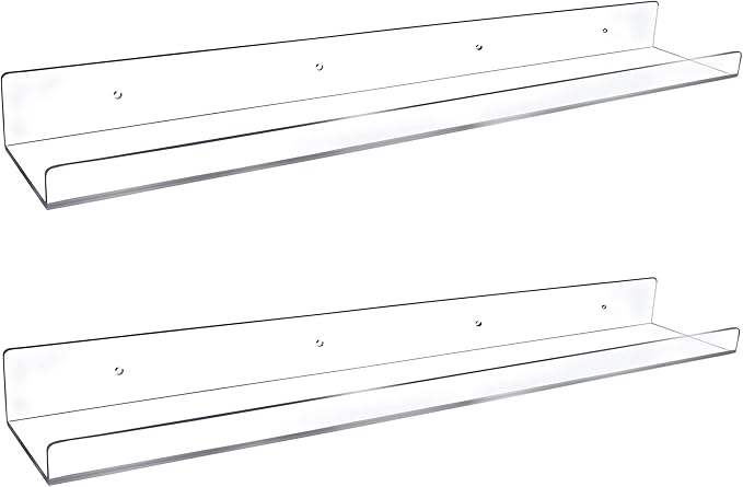 24-Inch Long Clear Acrylic Floating Shelves - U Shape Wall Shelf for Book Display, Makeup, Spice Organizer - 2 Pack