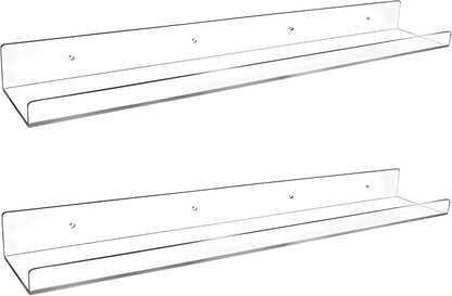24-Inch Long Clear Acrylic Floating Shelves - U Shape Wall Shelf for Book Display, Makeup, Spice Organizer - 2 Pack