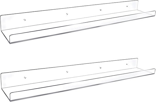 24-Inch Long Clear Acrylic Floating Shelves - U Shape Wall Shelf for Book Display, Makeup, Spice Organizer - 2 Pack