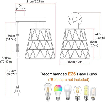 Boho Plug in Wall Sconce Set of 2 – Black Farmhouse Wall Lights with Rattan Shade | Bedroom & Living Room Plug in Wall Lamps for Sofa (5.9FT On/Off Switch Cord)