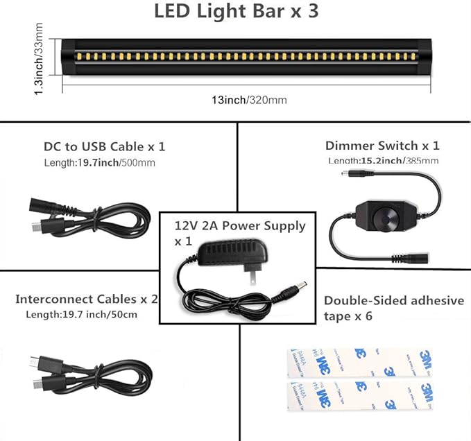 inShareplus LED Under Cabinet Lighting, 13 inch Dimmable, Warm White 3500K, CRI90+, 450Lumens, DC 12V Ultra Thin Under Counter Kitchen Lighting for Kitchen, Shelf, Cupboard, Black, 3 Pack