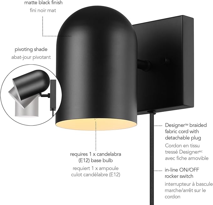Globe Electric 65000098 1-Light Plug-in or Hardwire Wall Sconce, Matte Black, 6ft Braided Fabric Cord, in-Line Rocker Switch, Modern Lighting for Apartments or Renters, Lights for Living Room