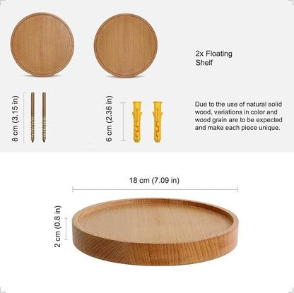 Coracle Floating Shelf Wood Round Wall Mounted Showcase Wall Shelf Hanging Planter Storage Wooden Shelf for Plants Photo Candle Invisible Wall Decoration Design Set of 2 (Diameter Ø7.09 inch)