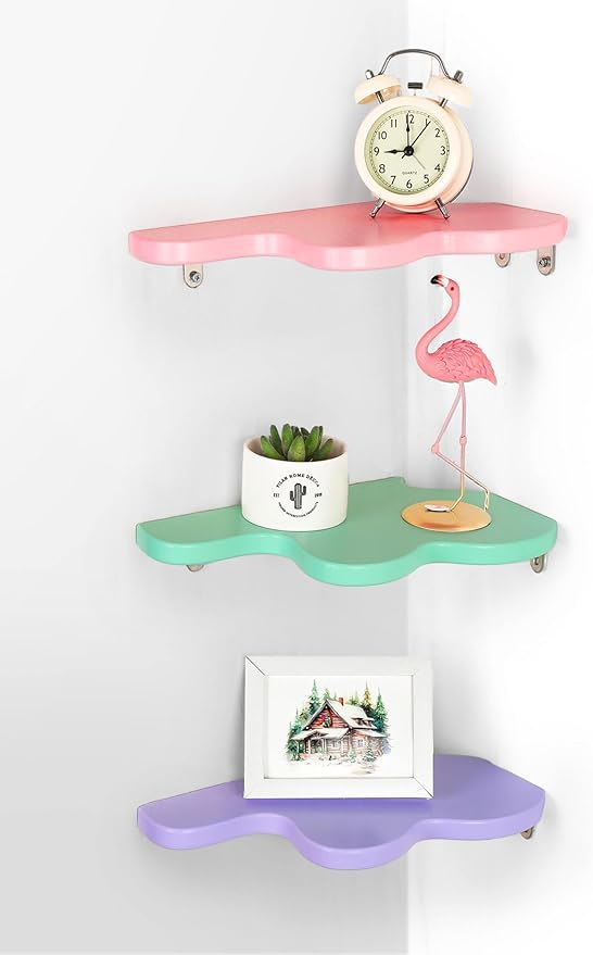 Menkxi Cute Wavy Corner Shelf Wall Mount, Set of 3 Wood Floating Cloud Corner Wall Shelves with Cord Hole Wall Danish Pastel for Bedroom Living Room Bathroom Kitchen