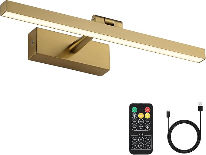 Joosenhouse Battery Operated Picture Light Wireless Gallery Light with Remote Control Rechargeable Wall Lights Brass 15.35" Dimmable and Timed Off Wall Sconce Light
