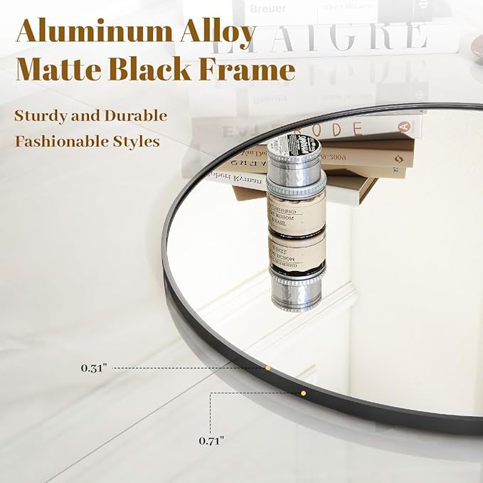 VooBang Black Round Bathroom Mirror, 30 inch Circle Wall Mounted Hanging Mirror with Simple Modern Circular Metal Frame for Hallway, Entryway, Living Room, Black Frame