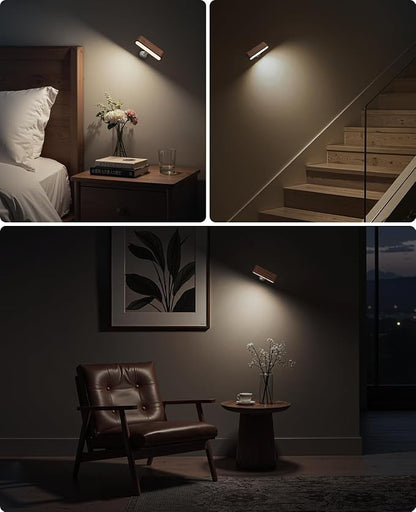Wood LED Wall Sconce Magnetic 360°Rotate Wall Mounted Lamp Brightness Adjustable Night Lights Rechargeable Battery Powered Reading Light for Bedside Hallway Living Room (1 Pack Black Walnut)