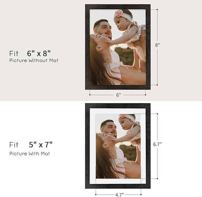 puthiac 6x8 Solid Oak Wood Picture Frame, Fits 5x7 with Mat or 6x8 Without Mat, Wall or Tabletop Display with Stand, Vertical or Horizontal, Plexi Front, 3 Pack, Black