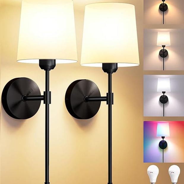 Ouyulong Battery Operated Wall Sconces Set of 2, Wireless Rechargeable Dimmable Wall Light with 5600mAh RGB Bulb and Remote for Bedroom, Living Room, Hallway 24in Black