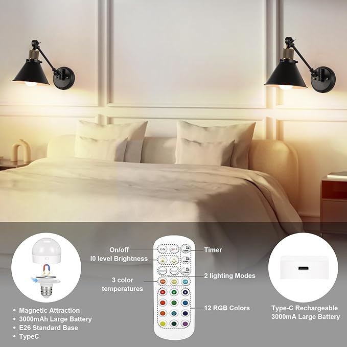 TRLIFE Rechargeable Battery Operated Wall Sconce, Dimmable and Adjustable Color Temperature Wireless Wall Sconces Set of 2 with Remote Control, Swing Arm Wall Mounted Light for Bedroom Bedside Hallway