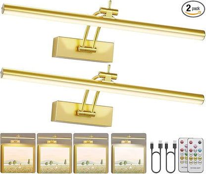 2 Pack Picture Light Battery Operated for Wall, 16" Wireless Art Lighting for Painting, 6 Colors Picture Frame Lights with Remote, Dimmable 5200mAh Gallery Light, Gold