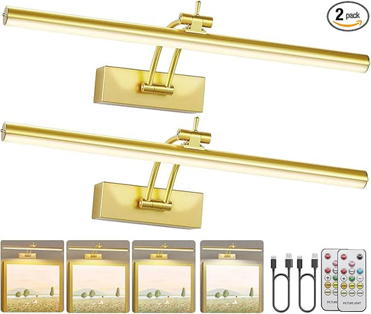 2 Pack Picture Light Battery Operated for Wall, 16" Wireless Art Lighting for Painting, 6 Colors Picture Frame Lights with Remote, Dimmable 5200mAh Gallery Light, Gold