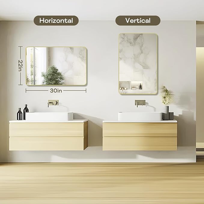 Gold Framed Bathroom Mirror, Brushed Gold Bathroom Vanity Wall Mirror, Rounded Rectangle Gold Frame Mirror, Tempered Glass, Anti-Rust, Hangs Horizontally or Vertically (22