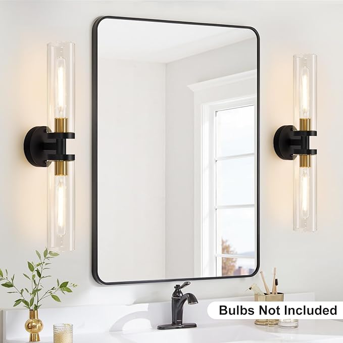 Black and Gold Wall Sconce, Bathroom Sconces Wall Lighting with Clear Glass, Modern Sconces Wall Light fixtures for Bathroom Mirror Living Room Hallway Bedroom