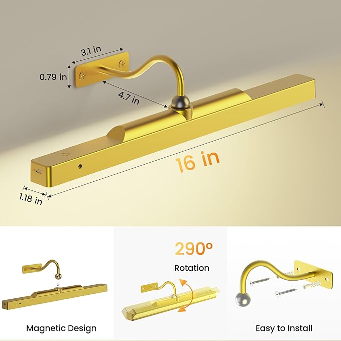 Picture Light Gold 2Pack, 5000mAh Battery Opertated Cordless Picture Lights for Wall, 16in CCT Dimmable with Touch Control for Wall Painting,Frame, Portrait, Dartboard