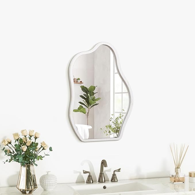 Irregular Mirror for Wall Decor White Modern Asymmetrical Small Mirrors Wooden Framed Hanging Wall Unique Shape Vanity Cloud Mirror Decorative for Living Room Bedroom Bathroom Entryway
