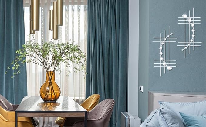 ZEXUIRU 2 Pack Silver Abstrac Wall Decor – Metal Crystal Wall Art with Sparkling Rhinestones, 16.5’’/24 Inch Wall Hanging Set for Living Room Bedroom Bathroom – Modern Bling Home Decorations