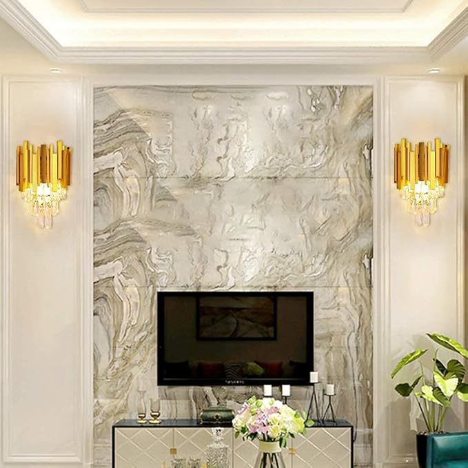 FRIXCHUR Crystal Wall Sconce Lights 3 Tiers Crystal Wall Lamp Modern Wall Lighting Fixture Bedside Night Lamp for Bedroom Bathroom Living Room Hallway,Gold,2 x E12 Base
