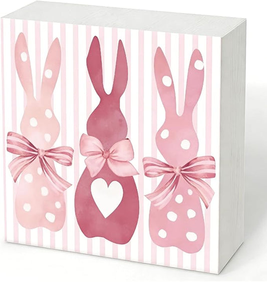 Easter Decorations for Home Rustic Bunny Wooden Box Sign, Pink Spring Rabbit Farmhouse Desk Decor, Happy Easter Shelf Tiered Tray Plaque for Living Room Office 5x5 Inch