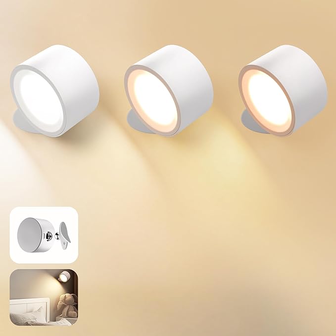Wall Mounted Lamp LED Wall Lights with Rechargeable Battery Operated, 3 Color Temperatures & 3 Brightness Levels 360°Rotate Magnetic Ball, Cordless Sconces for Pictures, Bedroom, Reading, White-3 PACK